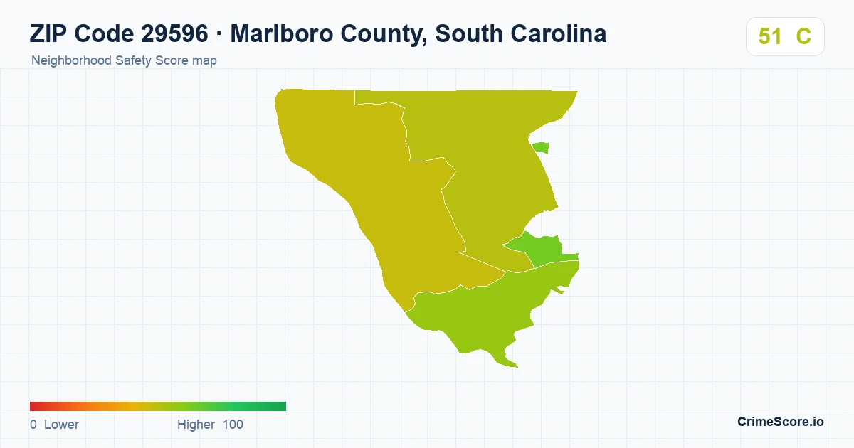 ZIP Code 29596 in Marlboro County, South Carolina neighborhood Safety Score map