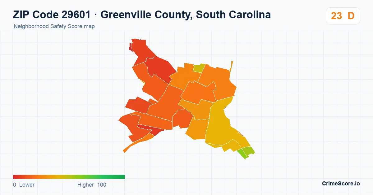 ZIP Code 29601 in Greenville County, South Carolina neighborhood Safety Score map