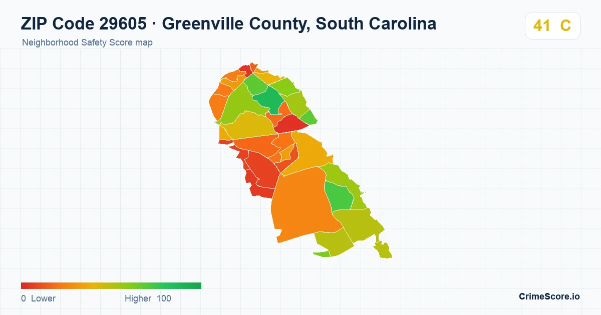 ZIP Code 29605 in Greenville County, South Carolina neighborhood Safety Score map