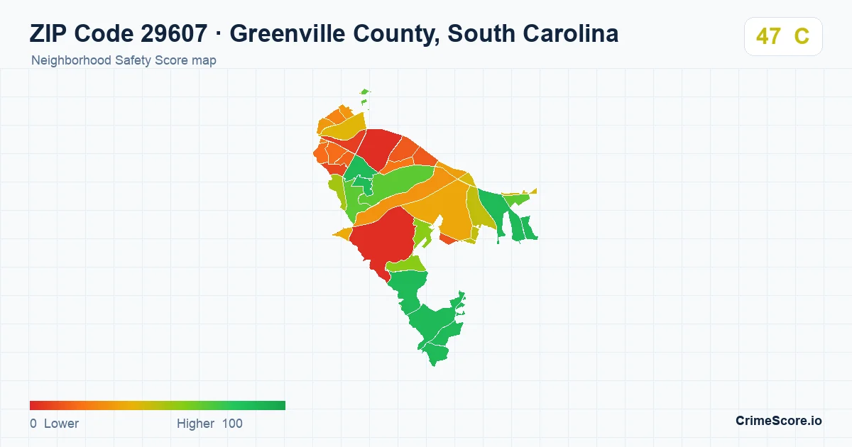 ZIP Code 29607 in Greenville County, South Carolina neighborhood Safety Score map