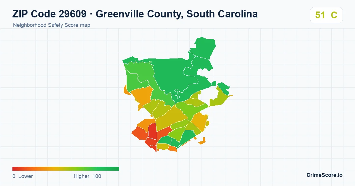 ZIP Code 29609 in Greenville County, South Carolina neighborhood Safety Score map