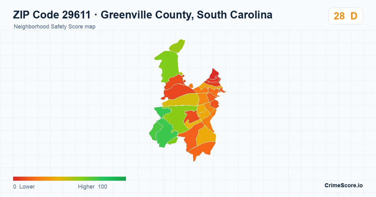 ZIP Code 29611 in Greenville County, South Carolina neighborhood Safety Score map