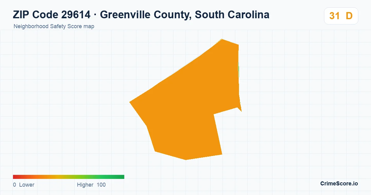 ZIP Code 29614 in Greenville County, South Carolina neighborhood Safety Score map