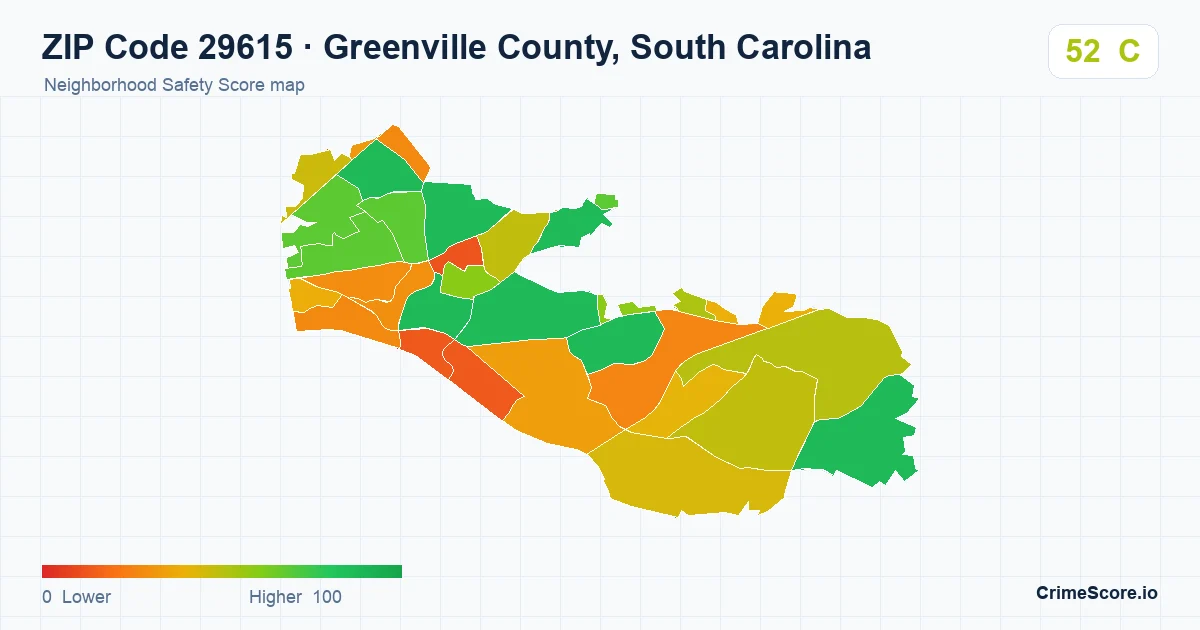 ZIP Code 29615 in Greenville County, South Carolina neighborhood Safety Score map