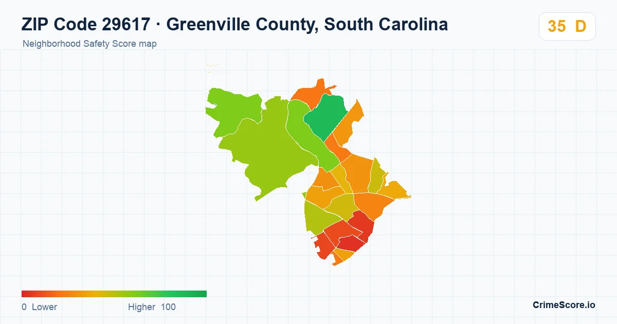 ZIP Code 29617 in Greenville County, South Carolina neighborhood Safety Score map