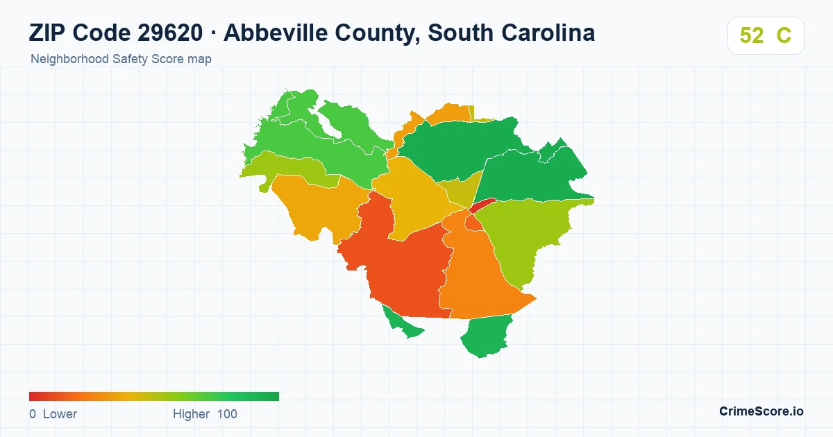 ZIP Code 29620 in Abbeville County, South Carolina neighborhood Safety Score map