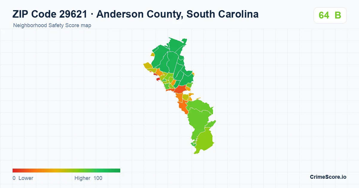 ZIP Code 29621 in Anderson County, South Carolina neighborhood Safety Score map