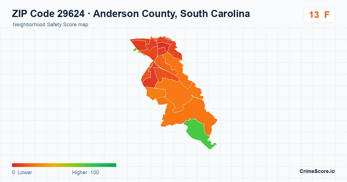 ZIP Code 29624 in Anderson County, South Carolina neighborhood Safety Score map