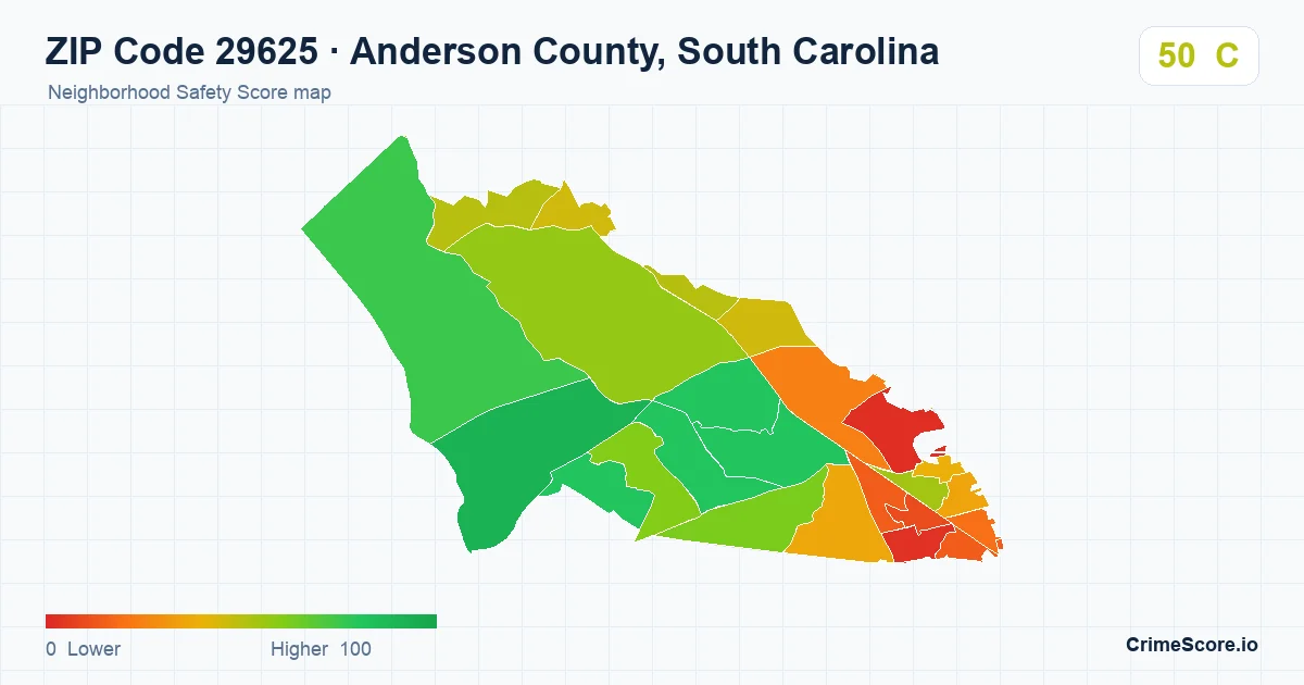 ZIP Code 29625 in Anderson County, South Carolina neighborhood Safety Score map
