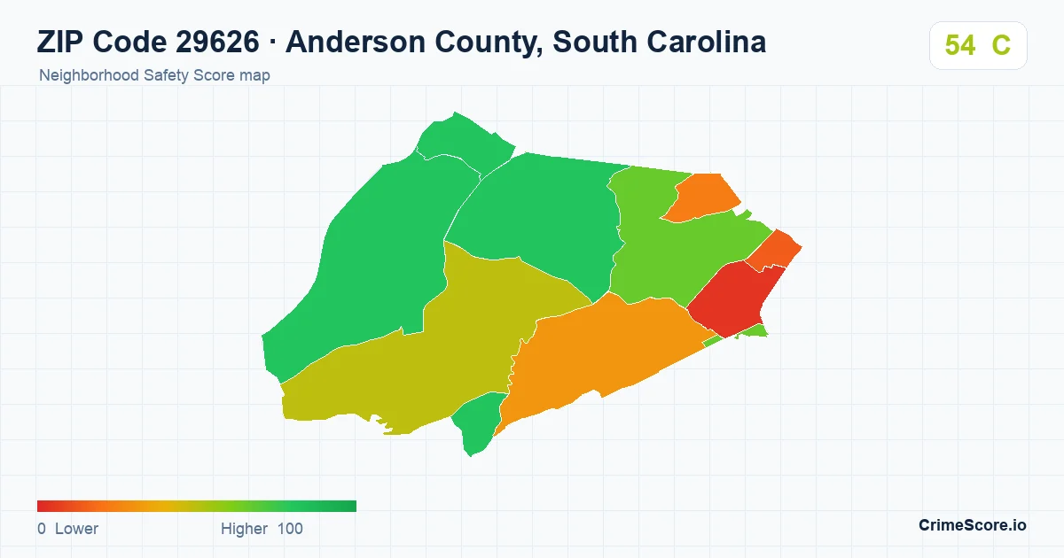 ZIP Code 29626 in Anderson County, South Carolina neighborhood Safety Score map