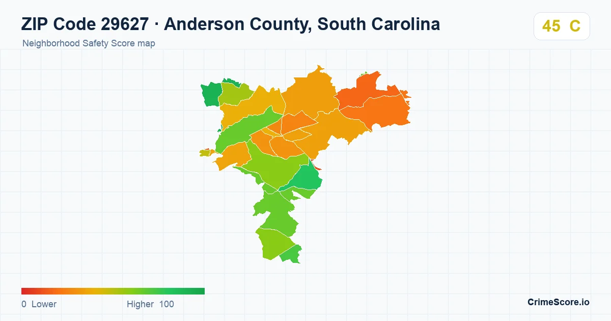 ZIP Code 29627 in Anderson County, South Carolina neighborhood Safety Score map