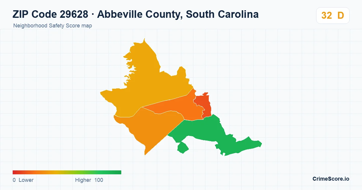 ZIP Code 29628 in Abbeville County, South Carolina neighborhood Safety Score map