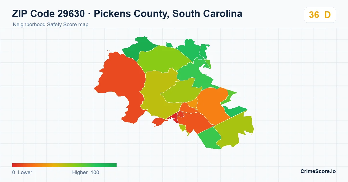 ZIP Code 29630 in Pickens County, South Carolina neighborhood Safety Score map