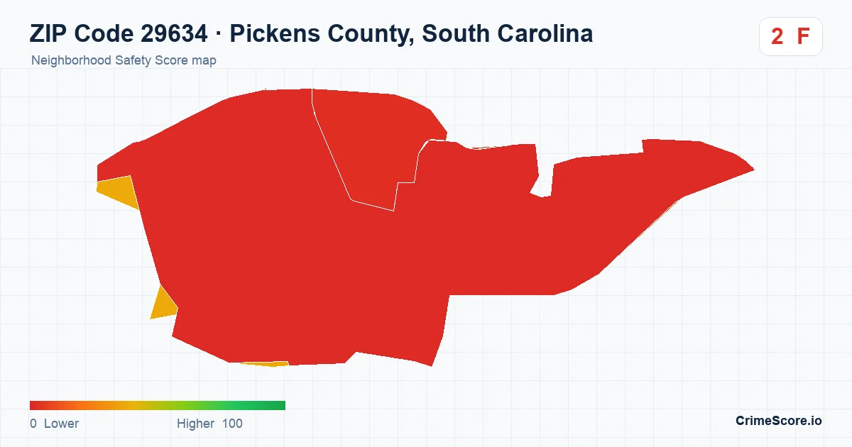 ZIP Code 29634 in Pickens County, South Carolina neighborhood Safety Score map
