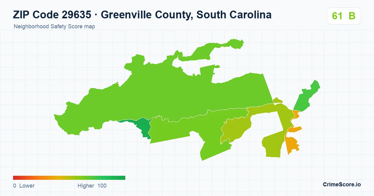 ZIP Code 29635 in Greenville County, South Carolina neighborhood Safety Score map