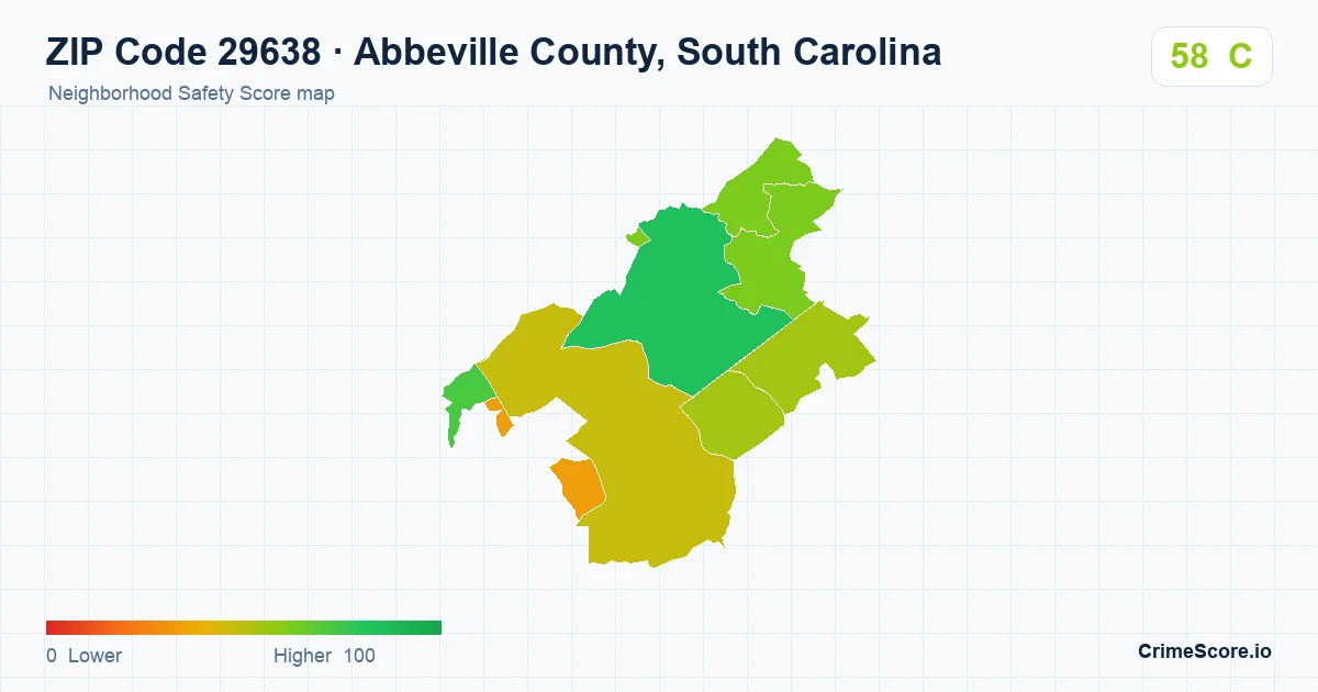 ZIP Code 29638 in Abbeville County, South Carolina neighborhood Safety Score map