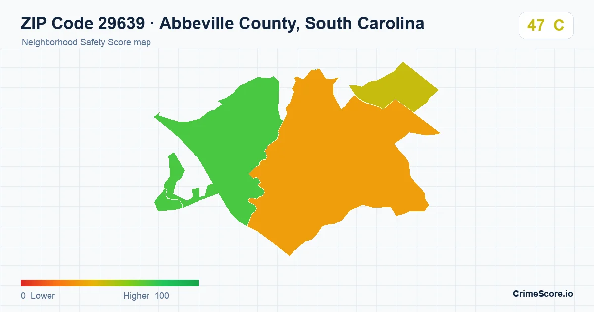 ZIP Code 29639 in Abbeville County, South Carolina neighborhood Safety Score map