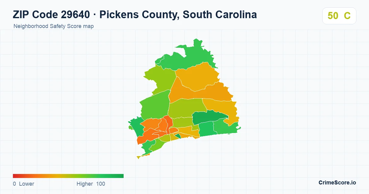 ZIP Code 29640 in Pickens County, South Carolina neighborhood Safety Score map