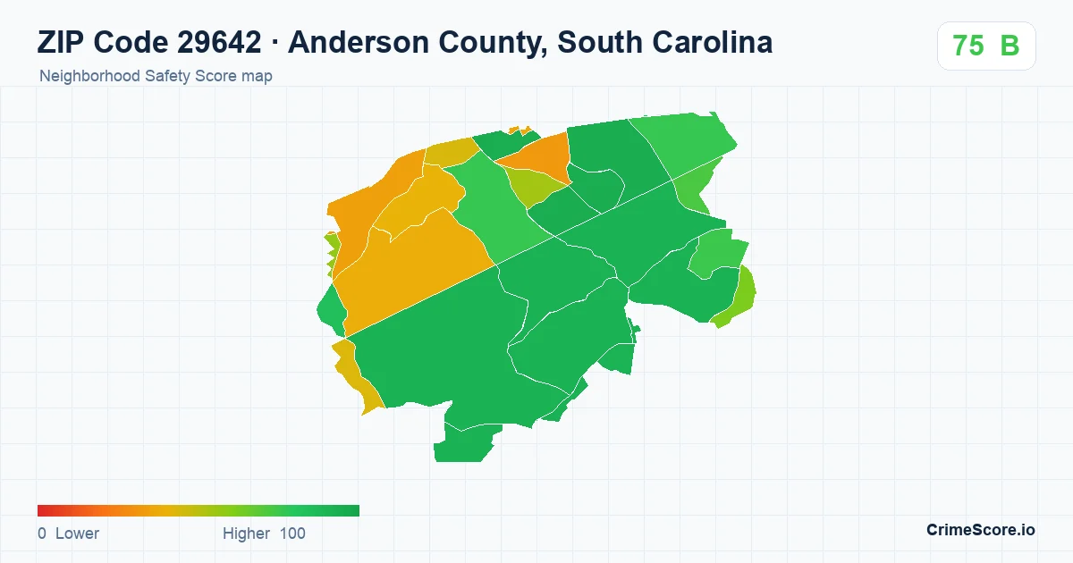 ZIP Code 29642 in Anderson County, South Carolina neighborhood Safety Score map