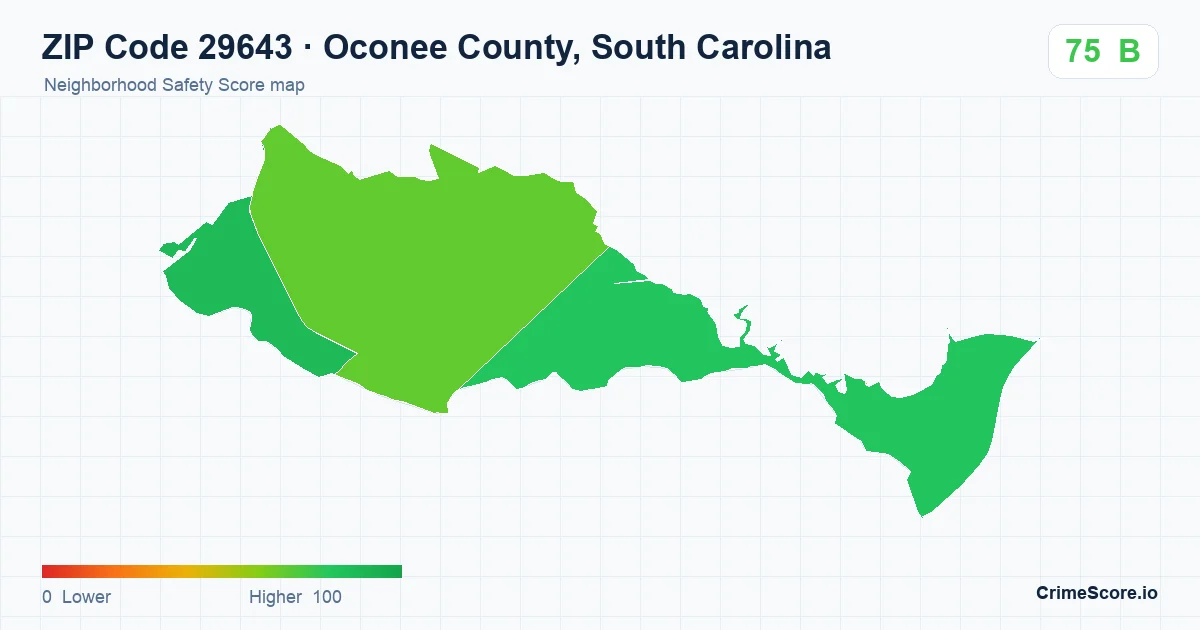 ZIP Code 29643 in Oconee County, South Carolina neighborhood Safety Score map