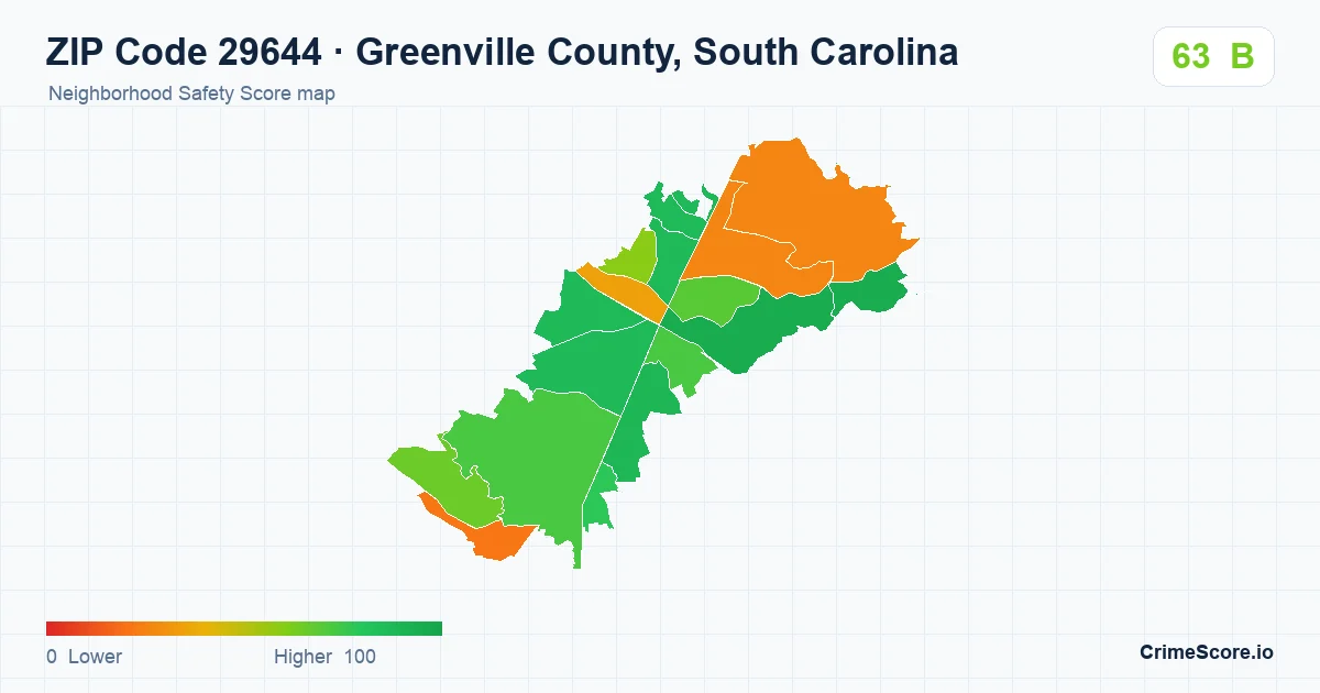 ZIP Code 29644 in Greenville County, South Carolina neighborhood Safety Score map