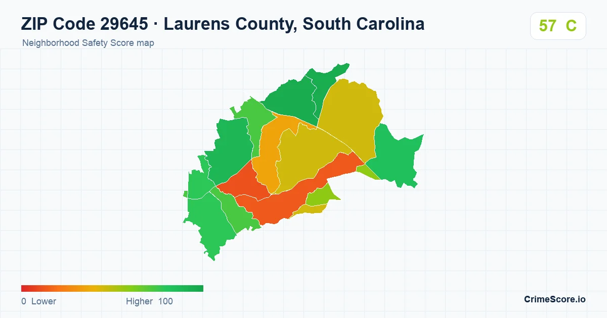 ZIP Code 29645 in Laurens County, South Carolina neighborhood Safety Score map
