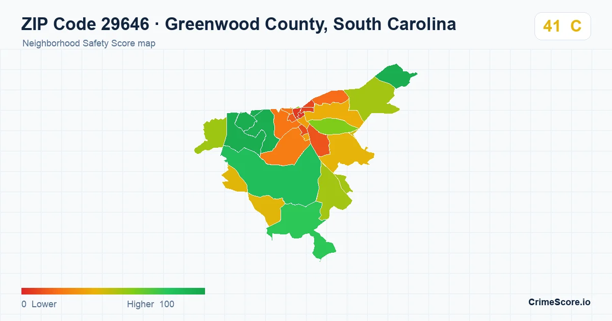 ZIP Code 29646 in Greenwood County, South Carolina neighborhood Safety Score map
