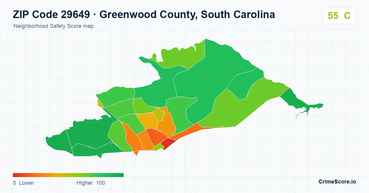 ZIP Code 29649 in Greenwood County, South Carolina neighborhood Safety Score map