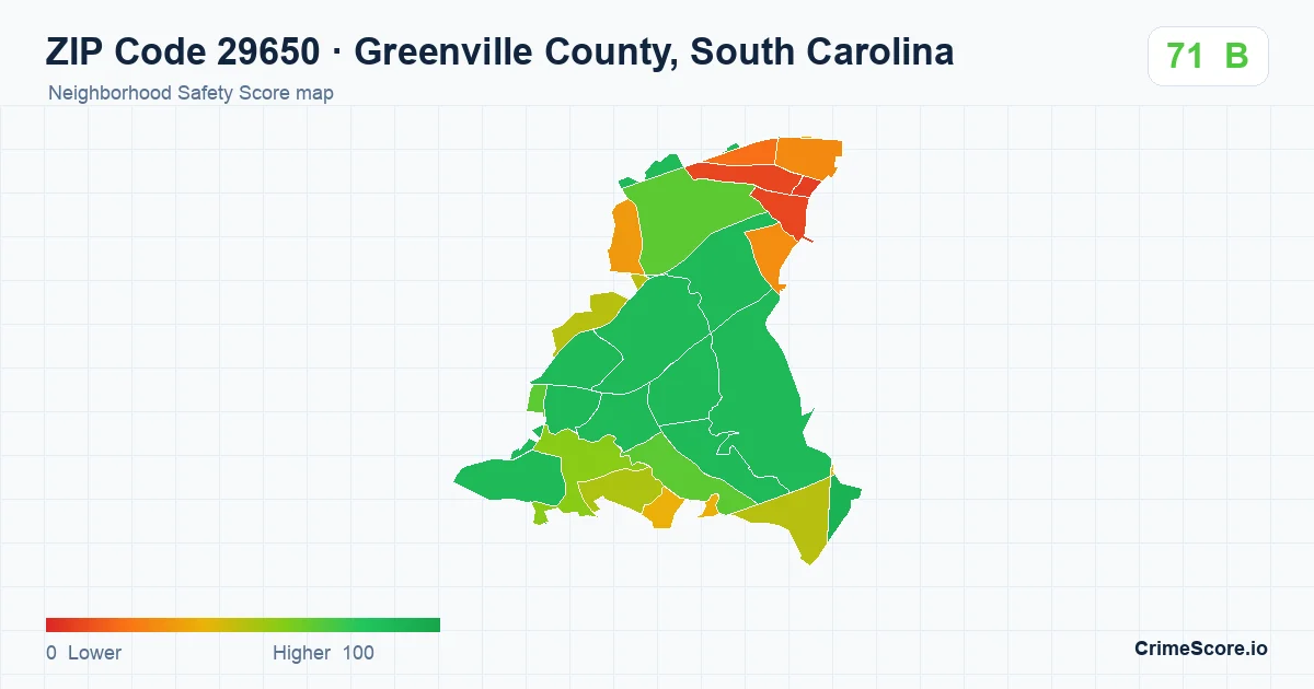 ZIP Code 29650 in Greenville County, South Carolina neighborhood Safety Score map