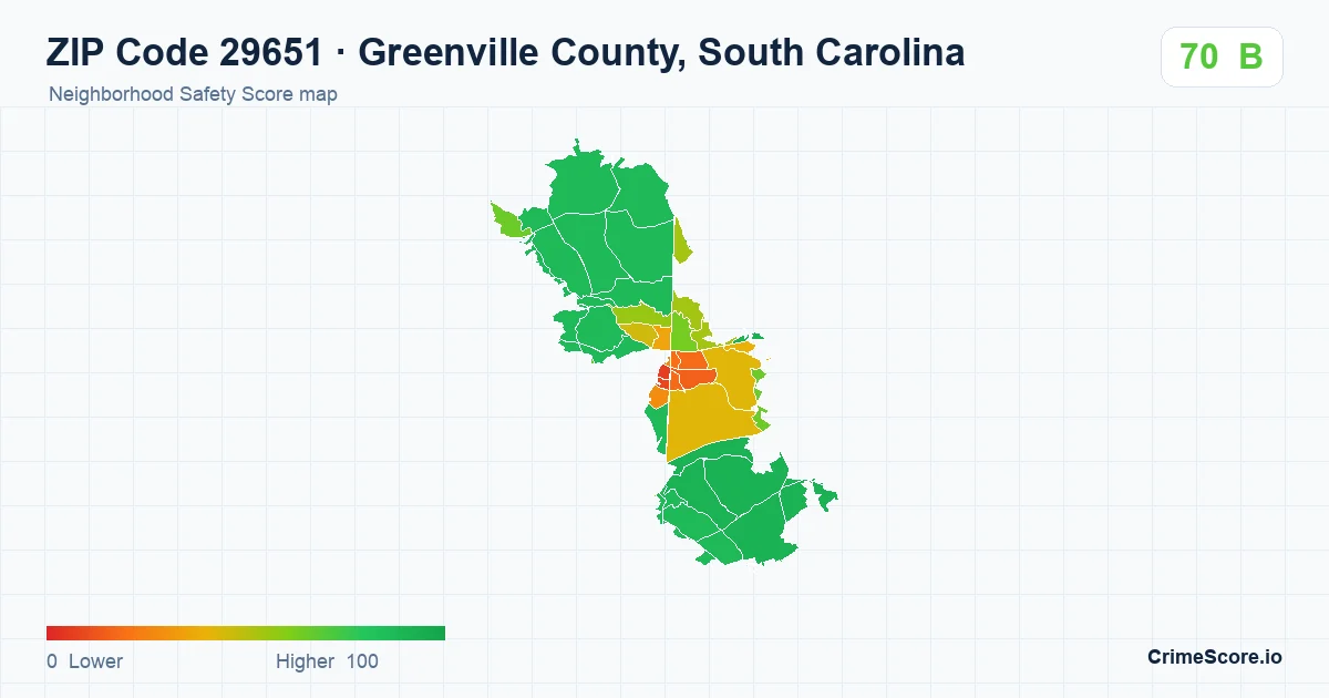 ZIP Code 29651 in Greenville County, South Carolina neighborhood Safety Score map