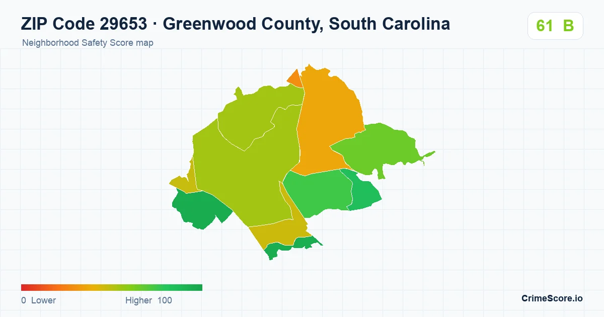 ZIP Code 29653 in Greenwood County, South Carolina neighborhood Safety Score map