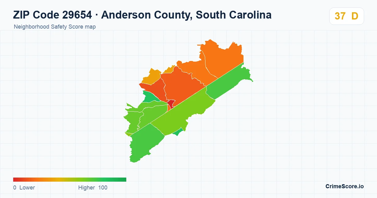 ZIP Code 29654 in Anderson County, South Carolina neighborhood Safety Score map