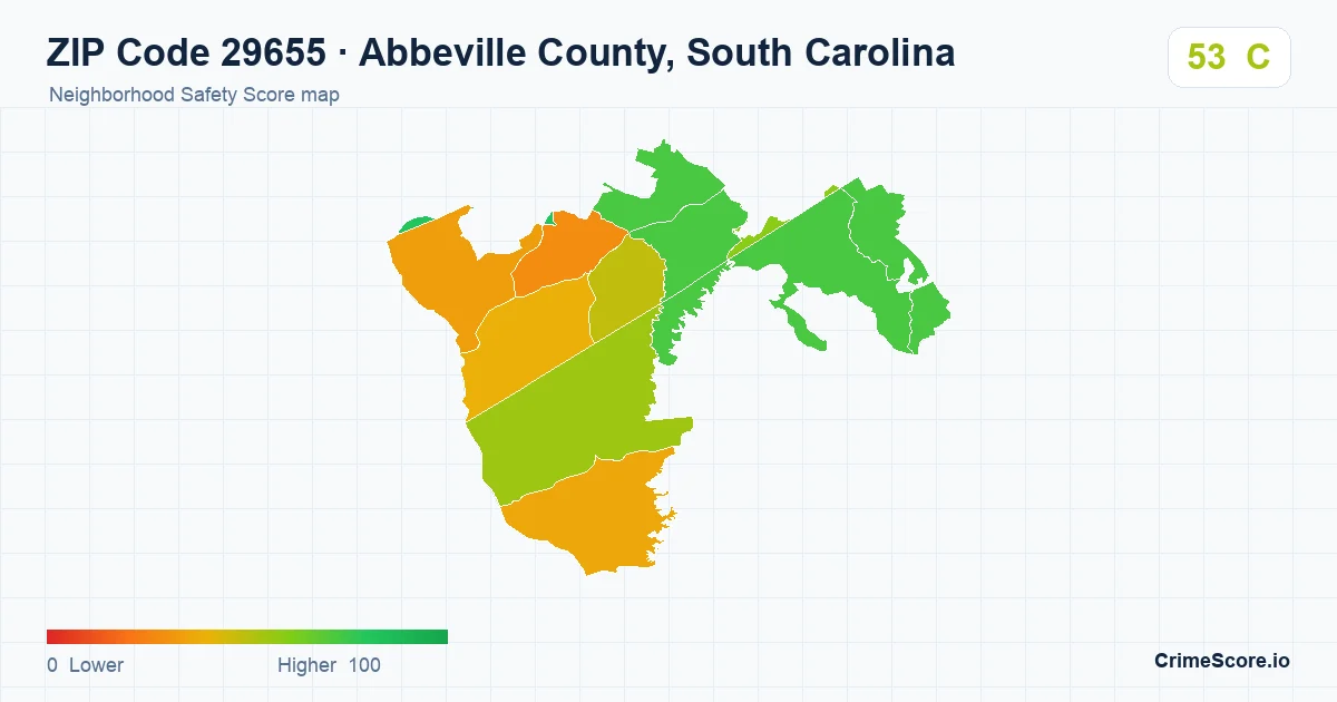 ZIP Code 29655 in Abbeville County, South Carolina neighborhood Safety Score map
