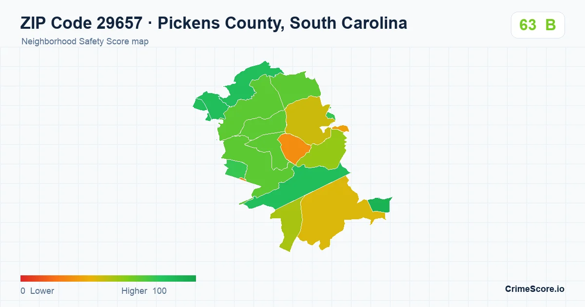 ZIP Code 29657 in Pickens County, South Carolina neighborhood Safety Score map