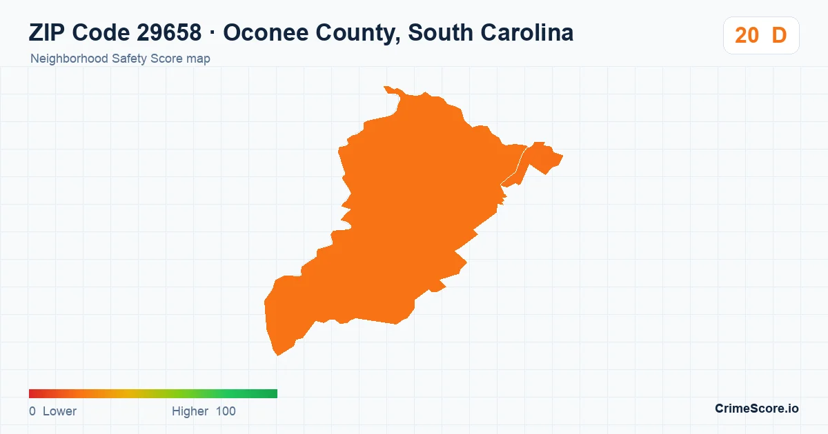 ZIP Code 29658 in Oconee County, South Carolina neighborhood Safety Score map