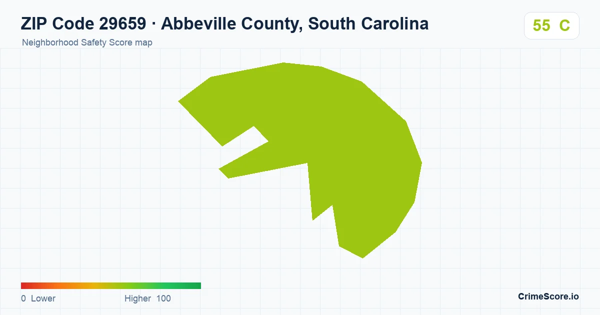 ZIP Code 29659 in Abbeville County, South Carolina neighborhood Safety Score map