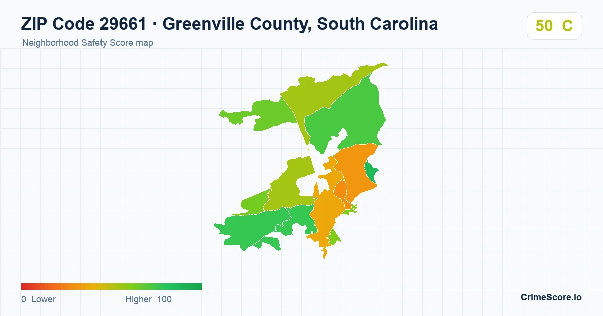 ZIP Code 29661 in Greenville County, South Carolina neighborhood Safety Score map
