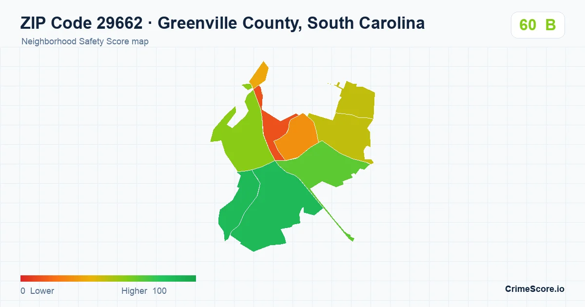 ZIP Code 29662 in Greenville County, South Carolina neighborhood Safety Score map