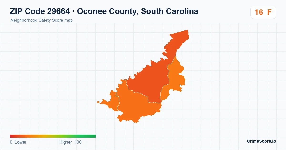 ZIP Code 29664 in Oconee County, South Carolina neighborhood Safety Score map