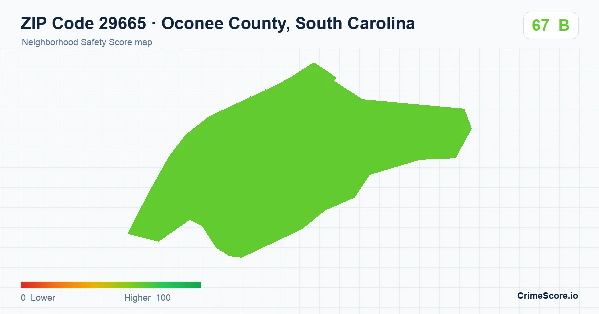 ZIP Code 29665 in Oconee County, South Carolina neighborhood Safety Score map
