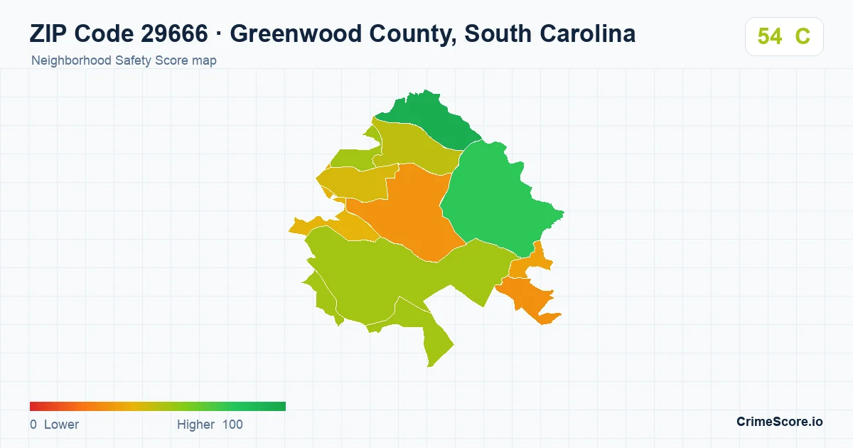 ZIP Code 29666 in Greenwood County, South Carolina neighborhood Safety Score map