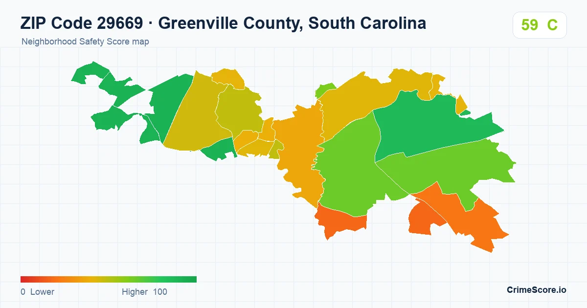 ZIP Code 29669 in Greenville County, South Carolina neighborhood Safety Score map