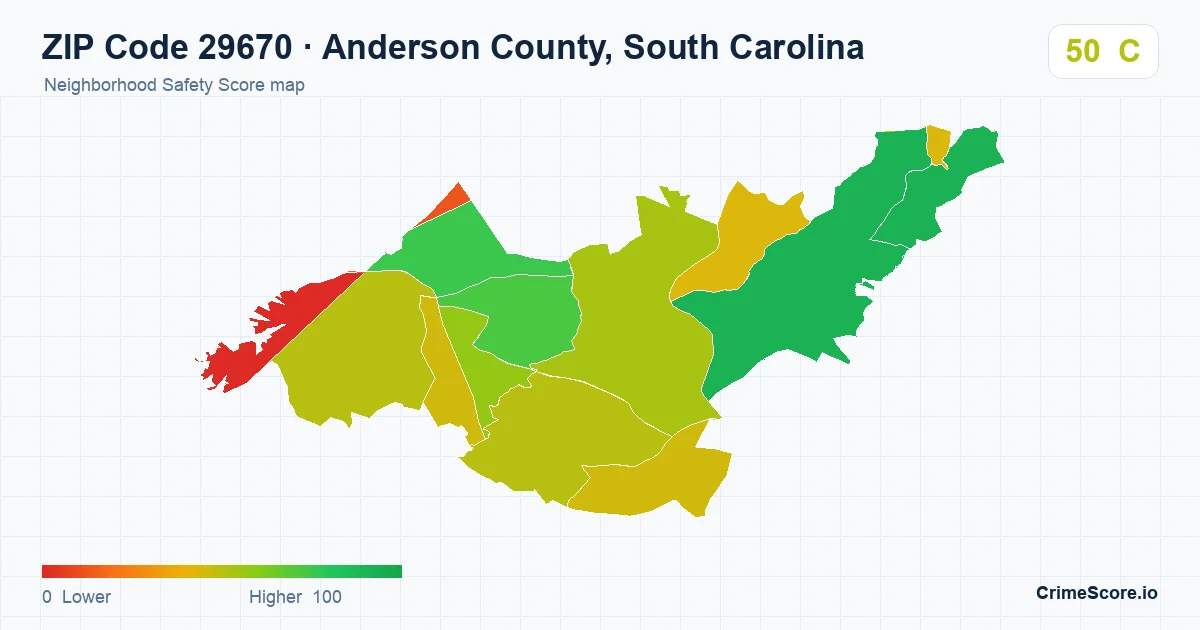 ZIP Code 29670 in Anderson County, South Carolina neighborhood Safety Score map