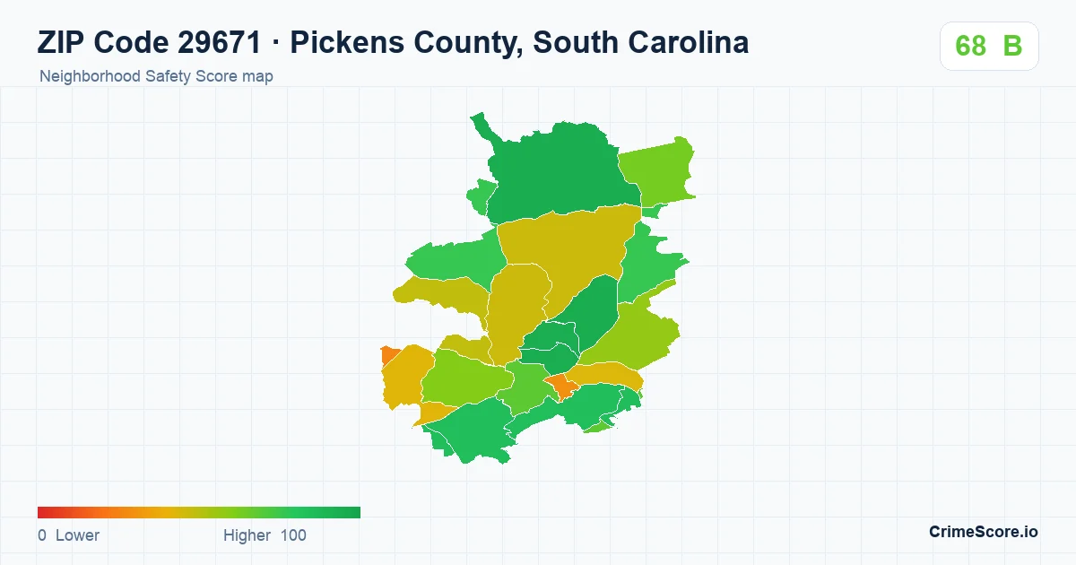ZIP Code 29671 in Pickens County, South Carolina neighborhood Safety Score map