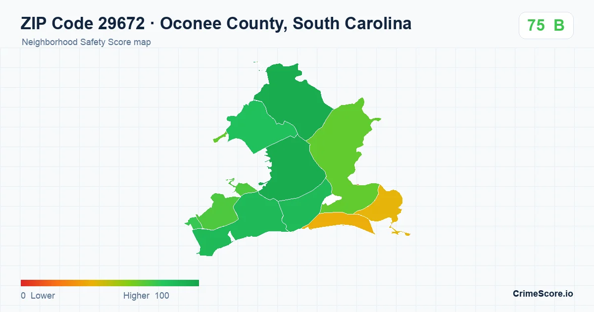 ZIP Code 29672 in Oconee County, South Carolina neighborhood Safety Score map