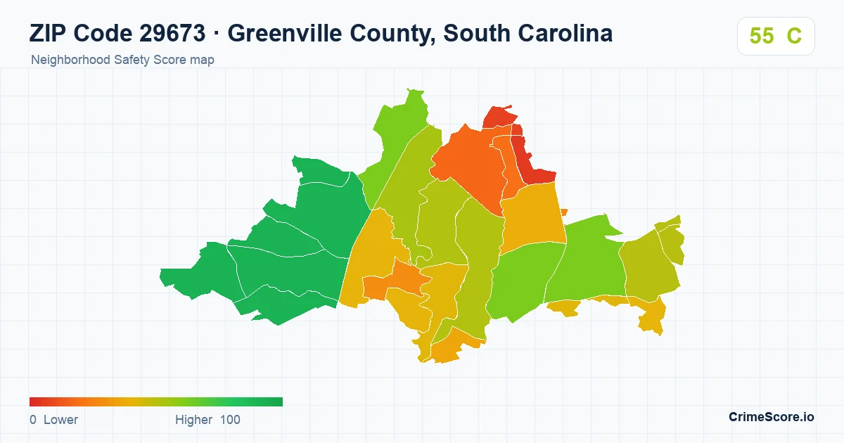 ZIP Code 29673 in Greenville County, South Carolina neighborhood Safety Score map