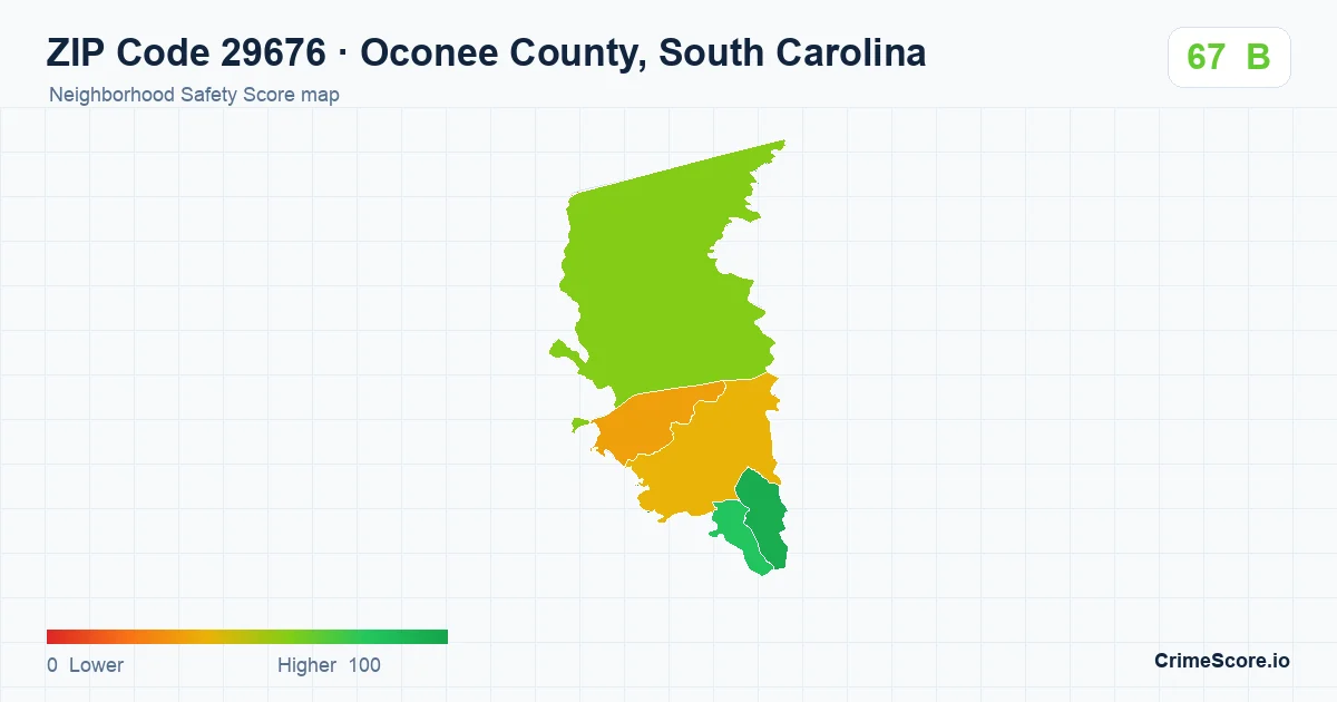 ZIP Code 29676 in Oconee County, South Carolina neighborhood Safety Score map
