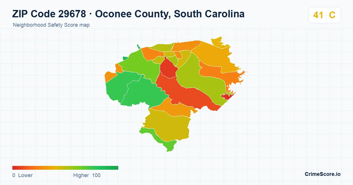 ZIP Code 29678 in Oconee County, South Carolina neighborhood Safety Score map