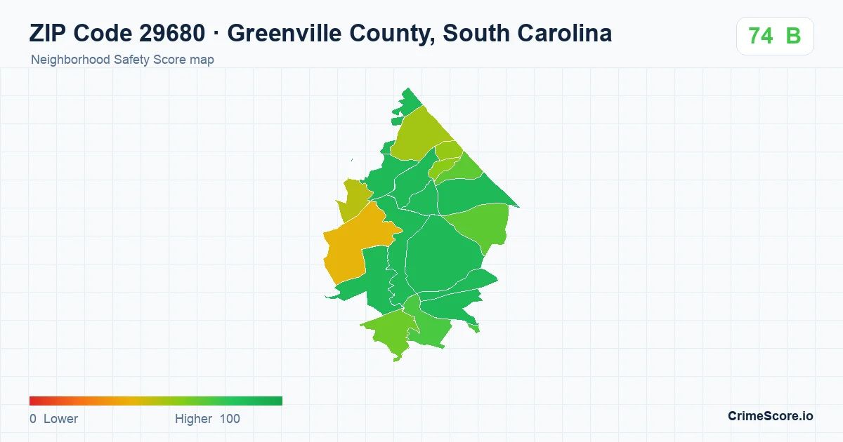 ZIP Code 29680 in Greenville County, South Carolina neighborhood Safety Score map