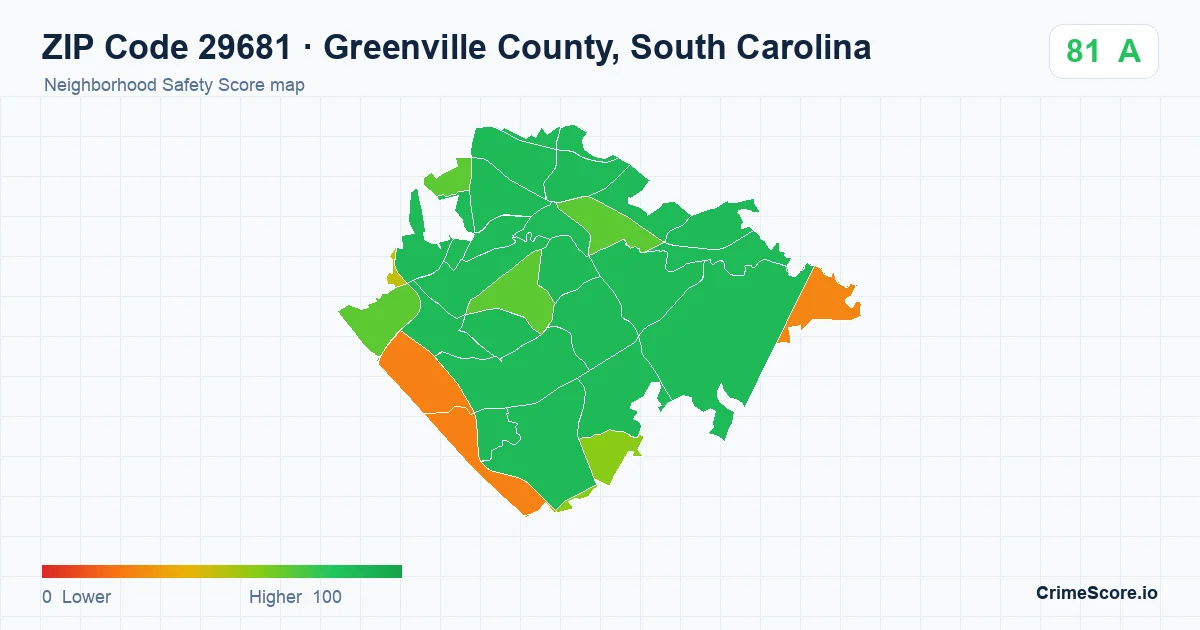 ZIP Code 29681 in Greenville County, South Carolina neighborhood Safety Score map